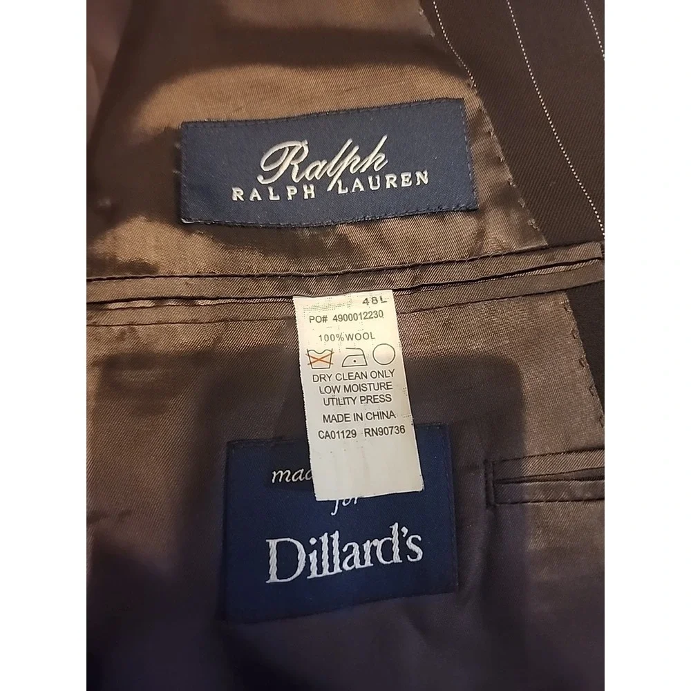 Polo Ralph Lauren Made In China  Suit Jacket Mens 48 L Brown Pinstripe 100% Wool